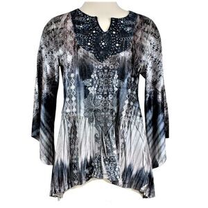 Top Velour Bell Sleeve Crochet Bodice Shark Bite Hem Multicolor Embellished MP